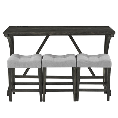 Bar Table Set with Power Outlet, Bar Table and Chairs Set, 4 Piece Dining Table Set, Industrial Breakfast Table Set, for Living Room, Dining Room, Game Room