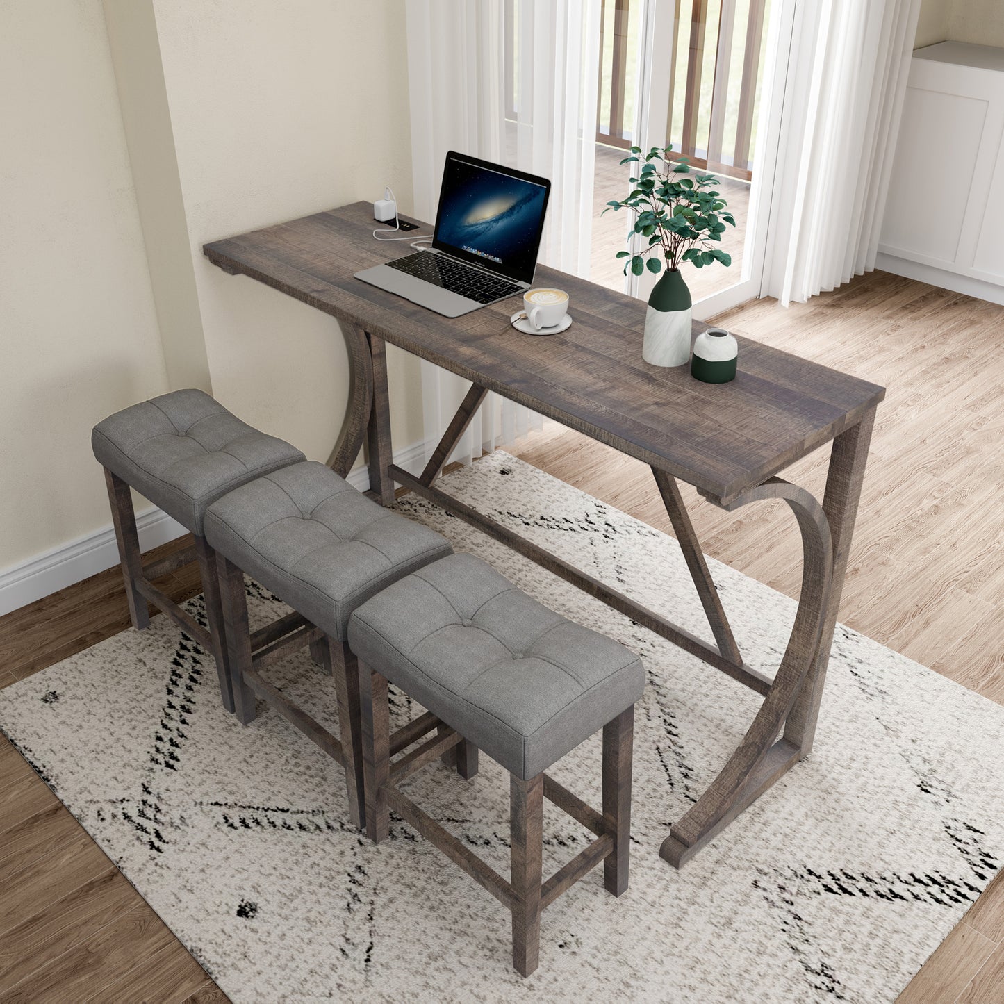 Bar Table Set with Power Outlet, Bar Table and Chairs Set, 4 Piece Dining Table Set, Industrial Breakfast Table Set, for Living Room, Dining Room, Game Room