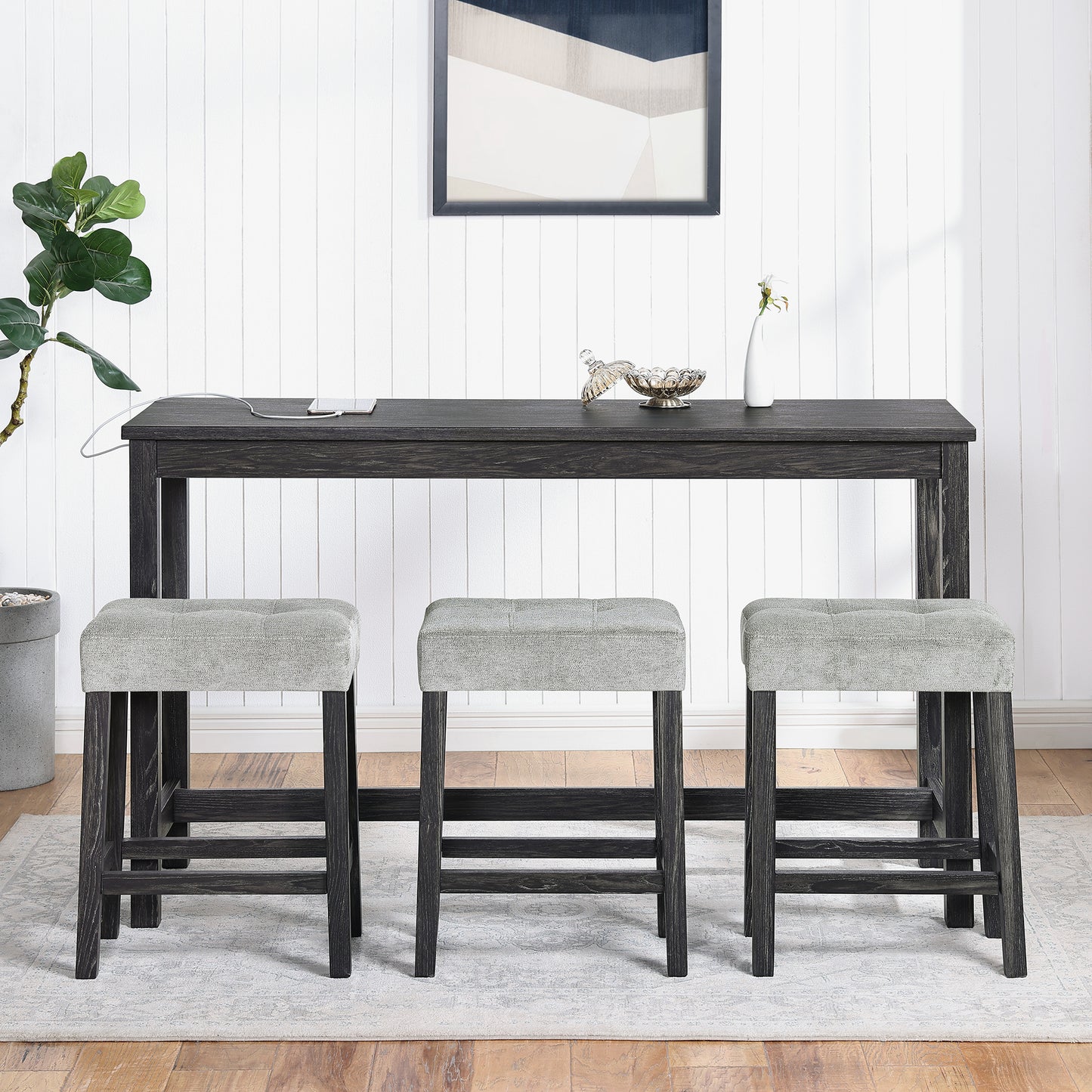 Bar Table Set with Power Outlet, Bar Table and Chairs Set, 4 Piece Dining Table Set, Industrial Breakfast Table Set, for Living Room, Dining Room, Game Room