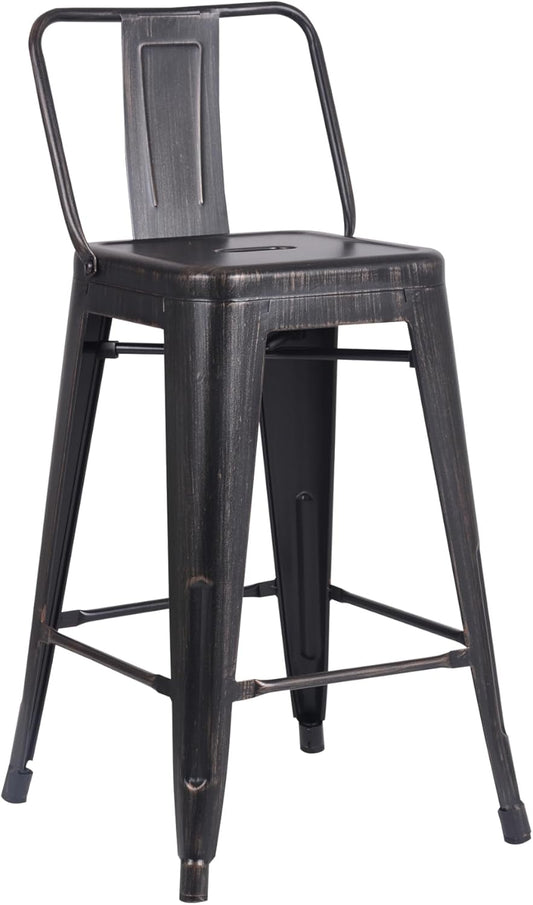 Modern Light Weight Industrial Contemporary Rustic Vintage Costal Metal Barstools with Bucket Back and 4 Leg Design, (Set of 2) (24" Seat, Distressed Black)