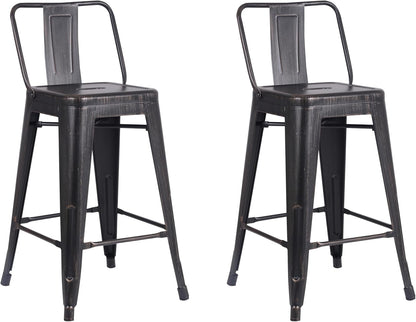 Modern Light Weight Industrial Contemporary Rustic Vintage Costal Metal Barstools with Bucket Back and 4 Leg Design, (Set of 2) (24" Seat, Distressed Black)