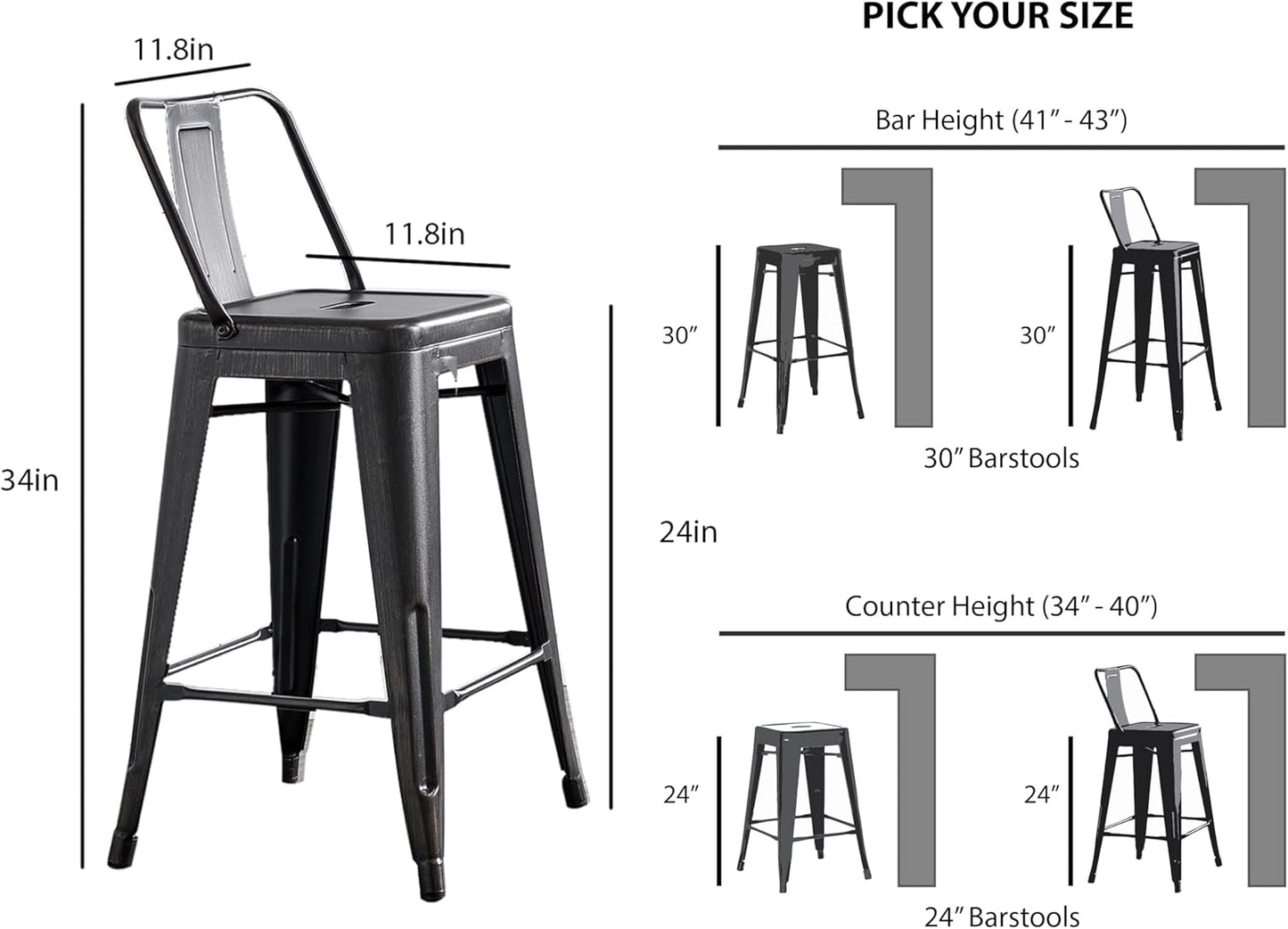 Modern Light Weight Industrial Contemporary Rustic Vintage Costal Metal Barstools with Bucket Back and 4 Leg Design, (Set of 2) (24" Seat, Distressed Black)
