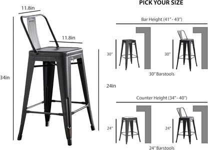 Modern Light Weight Industrial Contemporary Rustic Vintage Costal Metal Barstools with Bucket Back and 4 Leg Design, (Set of 2) (24" Seat, Distressed Black)