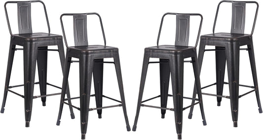 24" Sanded Matte Black Industrial Contemporary Rustic Metal Barstools with Bucket Back, Set of 4