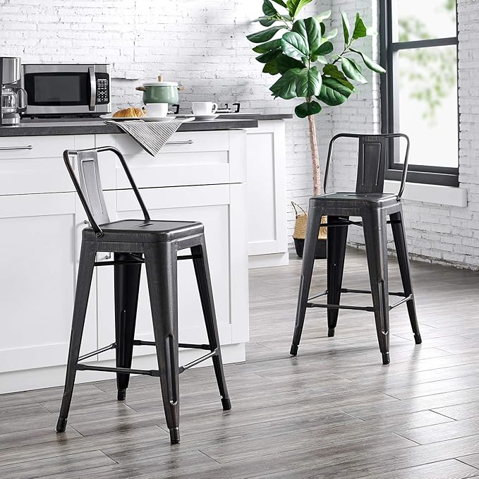 24" Sanded Matte Black Industrial Contemporary Rustic Metal Barstools with Bucket Back, Set of 4