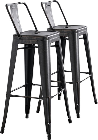 Modern Light Weight Industrial Contemporary Rustic Vintage Costal Metal Barstools with Bucket Back and 4 Leg Design, Seat Bar Stools (Set of 2) (30" Seat, Distressed Black)