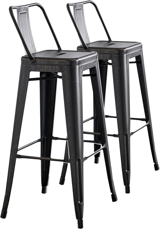Modern Light Weight Industrial Contemporary Rustic Vintage Costal Metal Barstools with Bucket Back and 4 Leg Design, Seat Bar Stools (Set of 2) (30" Seat, Distressed Black)