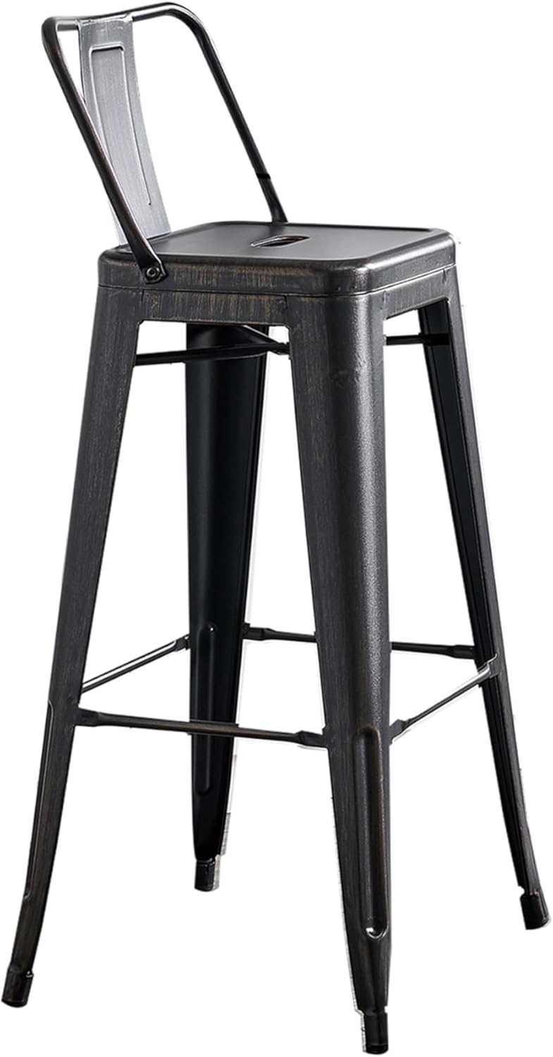 Modern Light Weight Industrial Contemporary Rustic Vintage Costal Metal Barstools with Bucket Back and 4 Leg Design, Seat Bar Stools (Set of 2) (30" Seat, Distressed Black)