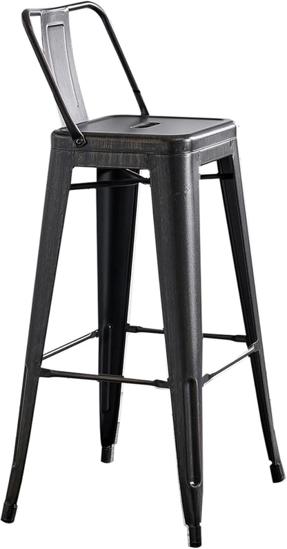 Modern Light Weight Industrial Contemporary Rustic Vintage Costal Metal Barstools with Bucket Back and 4 Leg Design, Seat Bar Stools (Set of 2) (30" Seat, Distressed Black)