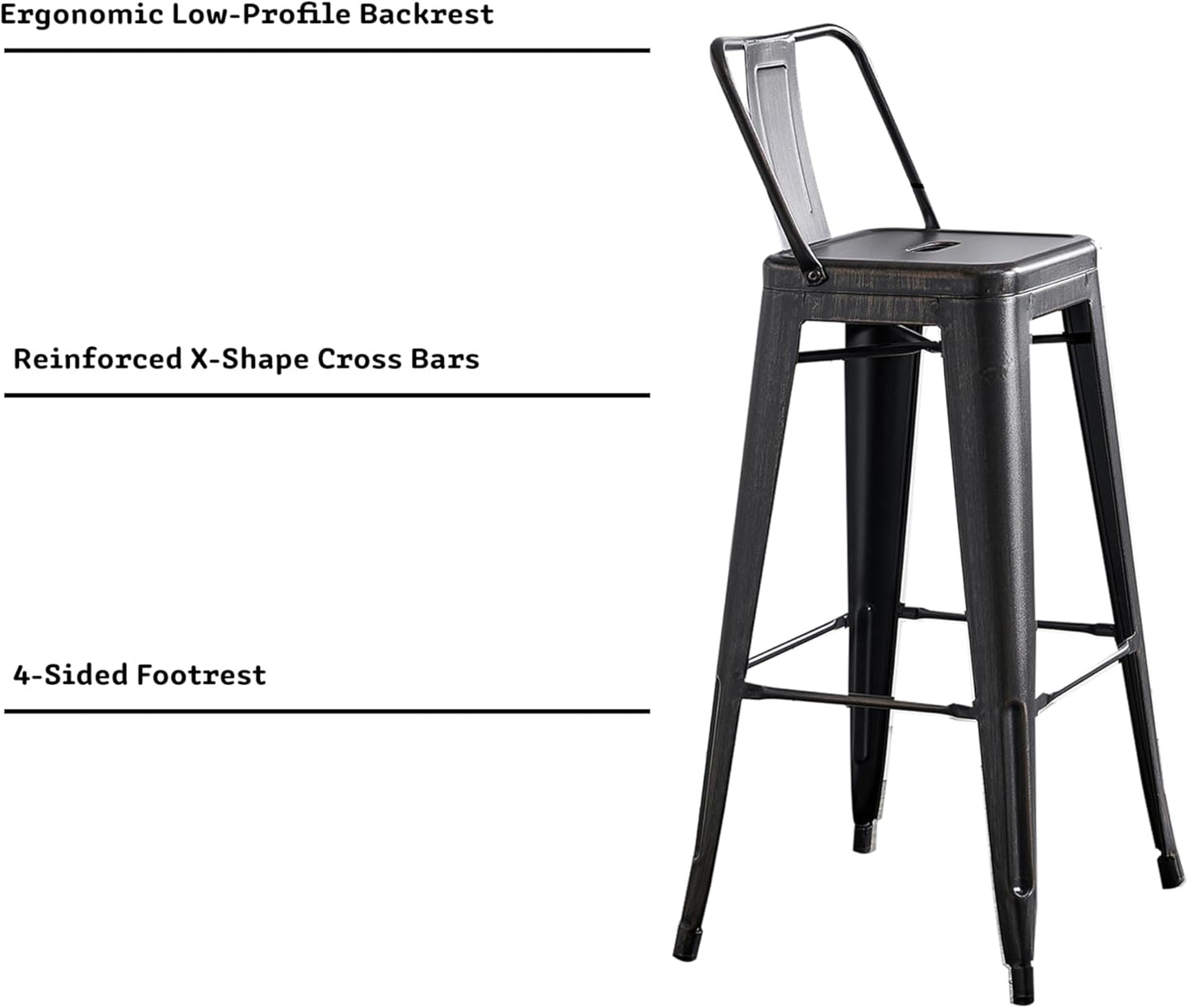 Modern Light Weight Industrial Contemporary Rustic Vintage Costal Metal Barstools with Bucket Back and 4 Leg Design, Seat Bar Stools (Set of 2) (30" Seat, Distressed Black)