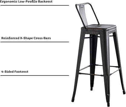 Modern Light Weight Industrial Contemporary Rustic Vintage Costal Metal Barstools with Bucket Back and 4 Leg Design, Seat Bar Stools (Set of 2) (30" Seat, Distressed Black)