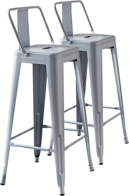Modern Light Weight Industrial Contemporary Rustic Vintage Costal Metal Barstools with Bucket Back and 4 Leg Design, Seat Bar Stools (Set of 2) (30" Seat, Distressed White)