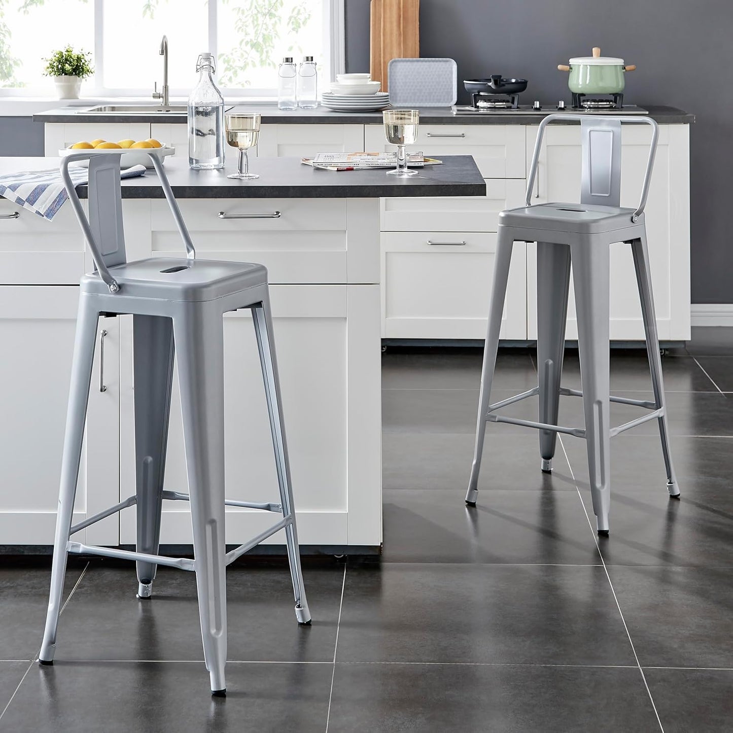 Modern Light Weight Industrial Contemporary Rustic Vintage Costal Metal Barstools with Bucket Back and 4 Leg Design, Seat Bar Stools (Set of 2) (30" Seat, Distressed White)