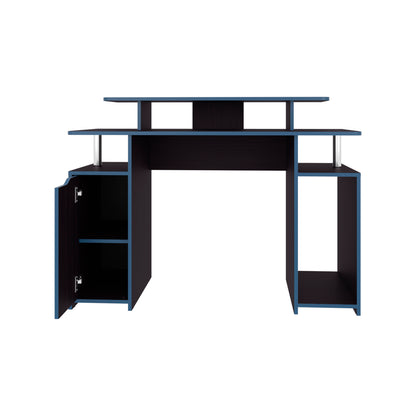 Gaming Desk, 1 Door, 6 Shelves, Black Wengue / Blue Edge