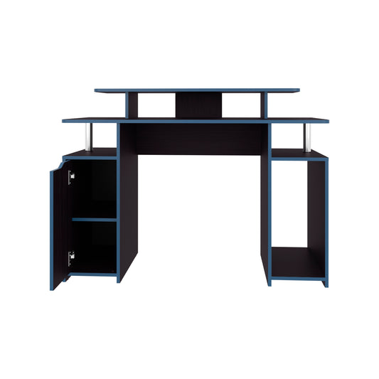 Gaming Desk, 1 Door, 6 Shelves, Black Wengue / Blue Edge