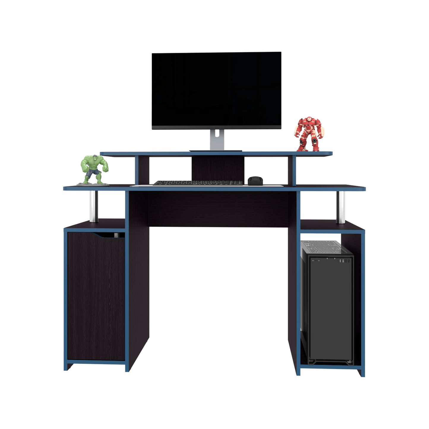 Gaming Desk, 1 Door, 6 Shelves, Black Wengue / Blue Edge