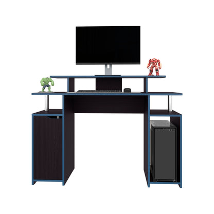 Gaming Desk, 1 Door, 6 Shelves, Black Wengue / Blue Edge