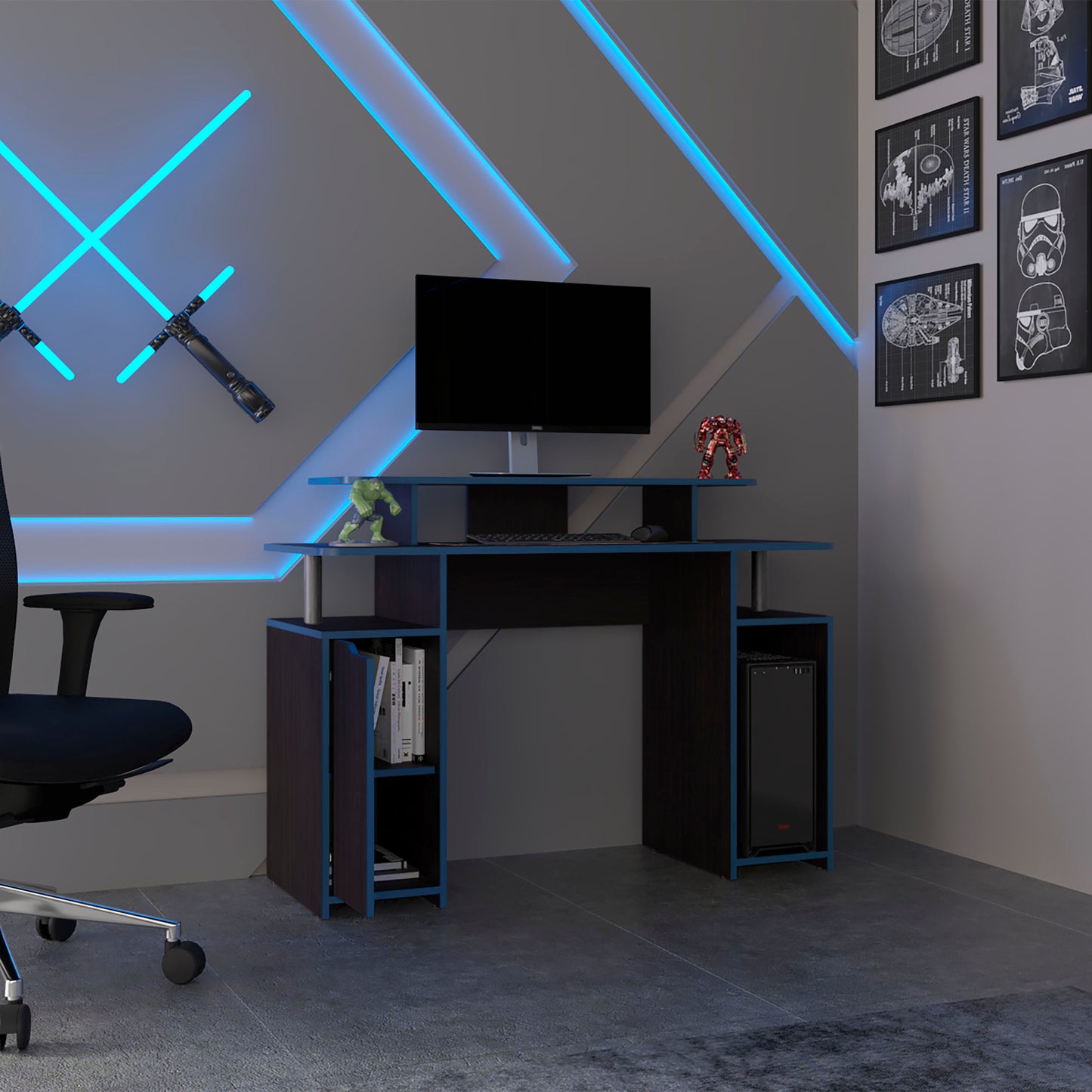 Gaming Desk, 1 Door, 6 Shelves, Black Wengue / Blue Edge