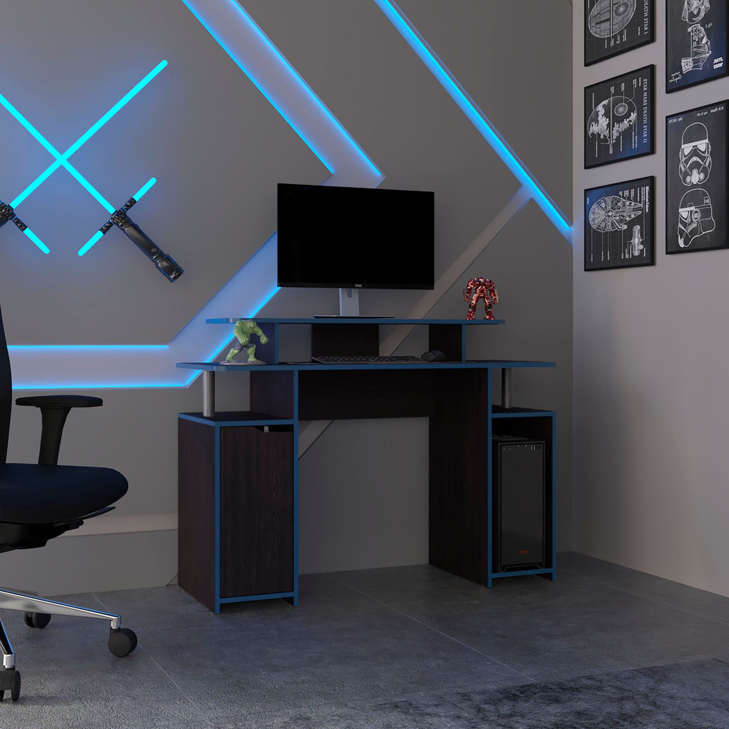 Gaming Desk, 1 Door, 6 Shelves, Black Wengue / Blue Edge