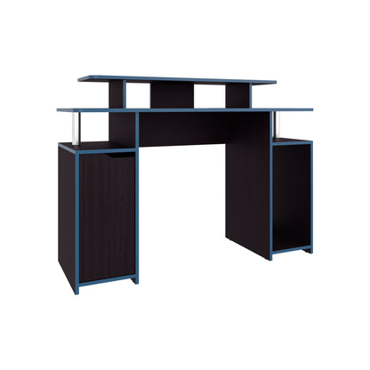 Gaming Desk, 1 Door, 6 Shelves, Black Wengue / Blue Edge