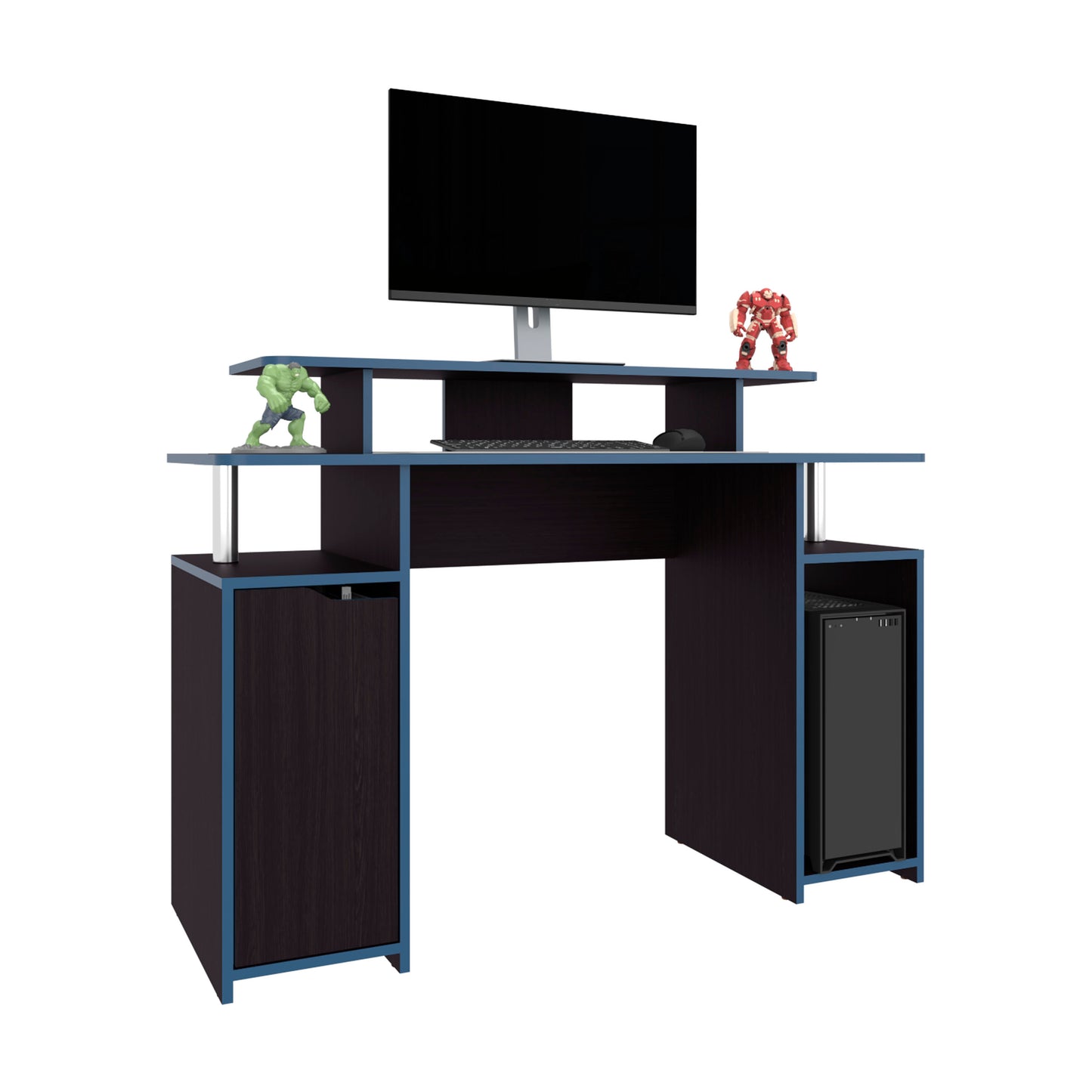 Gaming Desk, 1 Door, 6 Shelves, Black Wengue / Blue Edge