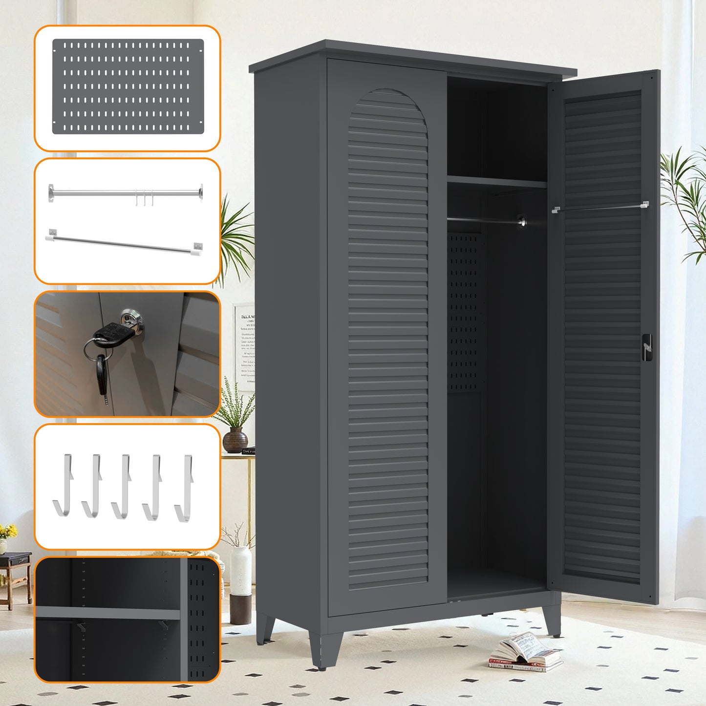 73'' Tall Metal Tool Storage Cabinet, with Ample Storage Space for Garage,Warehouse,Garden,Office, Living Room,Bathroom,Utility Room ( Slate )