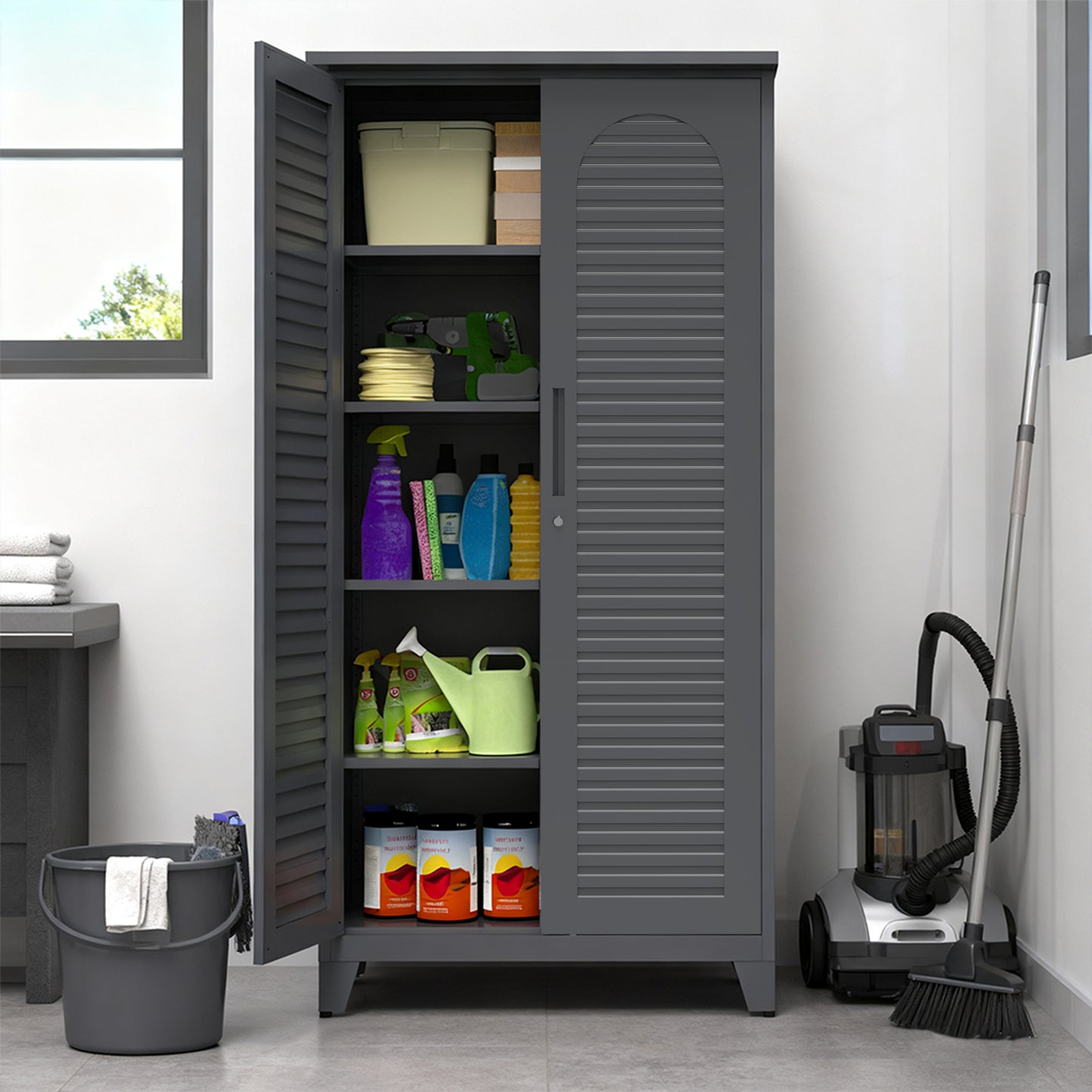 73'' Tall Metal Tool Storage Cabinet, with Ample Storage Space for Garage,Warehouse,Garden,Office, Living Room,Bathroom,Utility Room ( Slate )