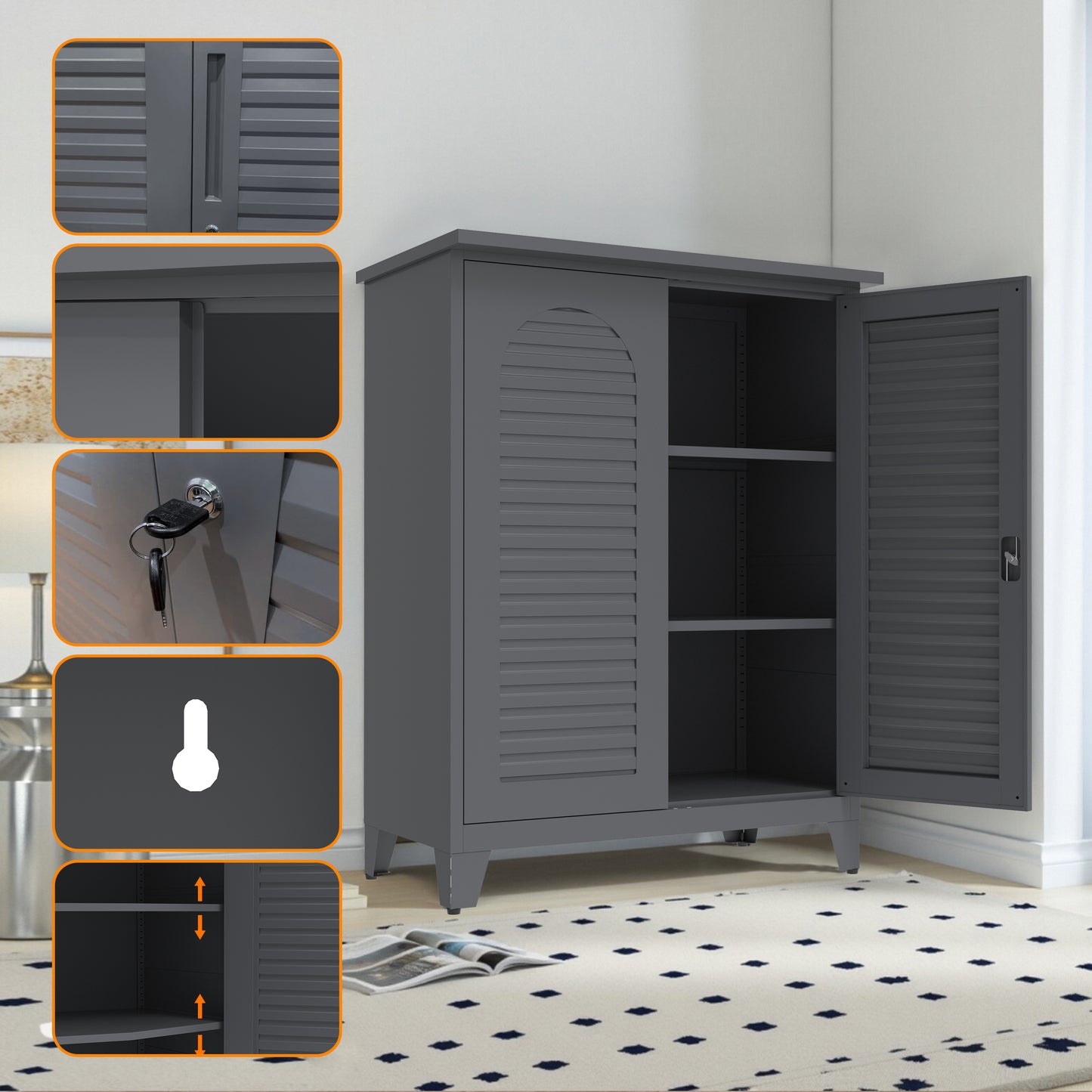 47'' Tall Metal Tool Storage Cabinet, with Ample Storage Space for Garage,Warehouse,Garden,Office, Living Room,Bathroom,Utility Room ( Slate )