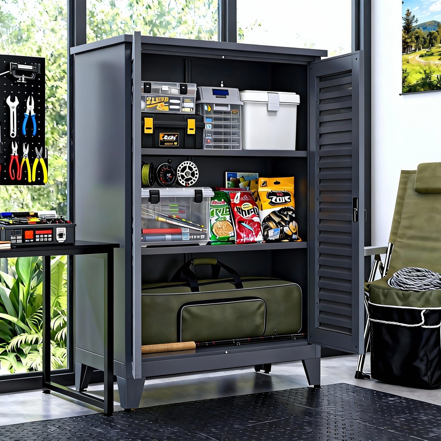 47'' Tall Metal Tool Storage Cabinet, with Ample Storage Space for Garage,Warehouse,Garden,Office, Living Room,Bathroom,Utility Room ( Slate )