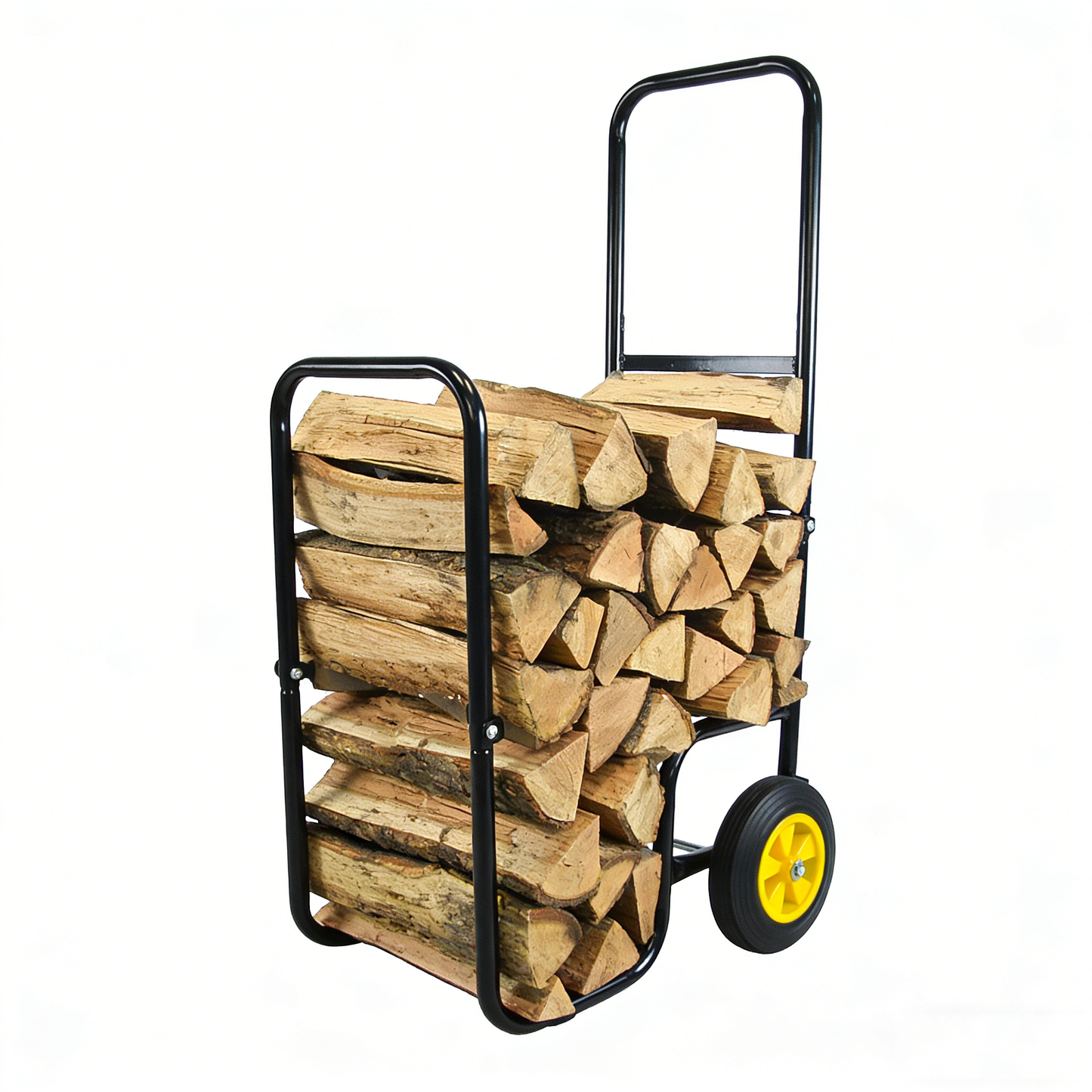Firewood Log Cart Carrier - Outdoor or Indoor Black Steel Wood Rack Storage Mover - Rolling Wheeled Metal Dolly Hauler - Wood Moving Equipment