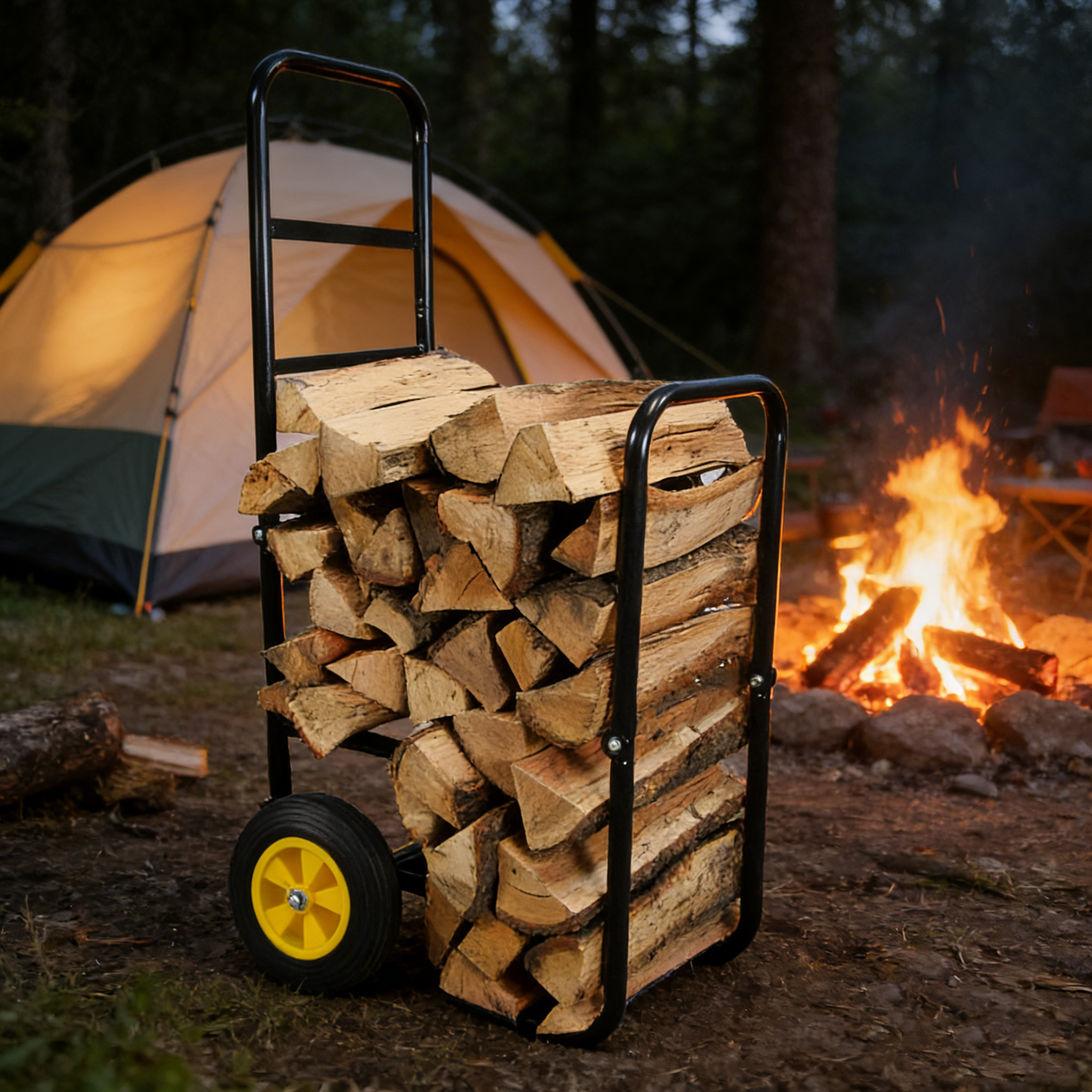 Firewood Log Cart Carrier - Outdoor or Indoor Black Steel Wood Rack Storage Mover - Rolling Wheeled Metal Dolly Hauler - Wood Moving Equipment