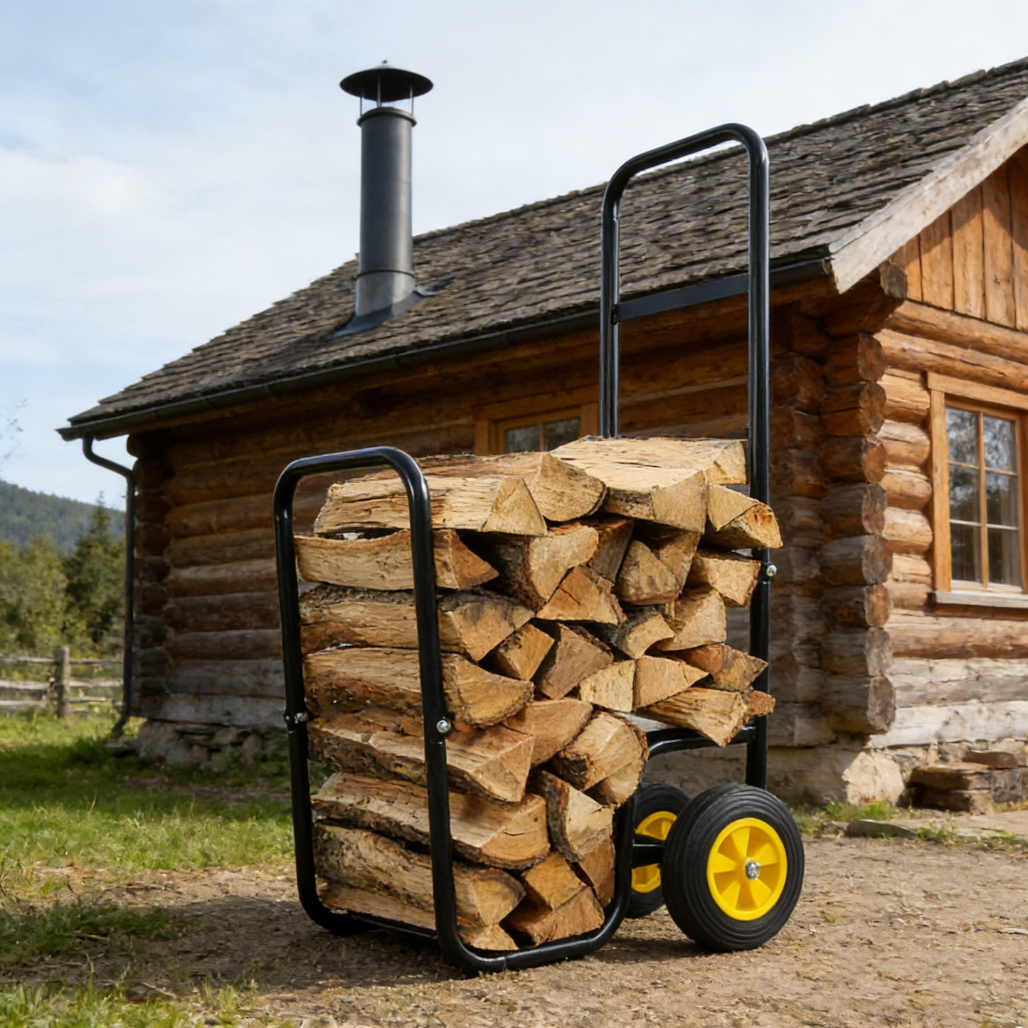 Firewood Log Cart Carrier - Outdoor or Indoor Black Steel Wood Rack Storage Mover - Rolling Wheeled Metal Dolly Hauler - Wood Moving Equipment