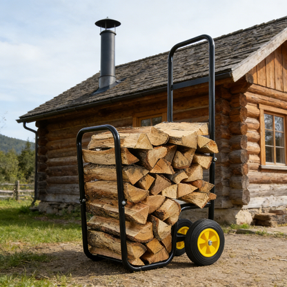 Firewood Log Cart Carrier - Outdoor or Indoor Black Steel Wood Rack Storage Mover - Rolling Wheeled Metal Dolly Hauler - Wood Moving Equipment