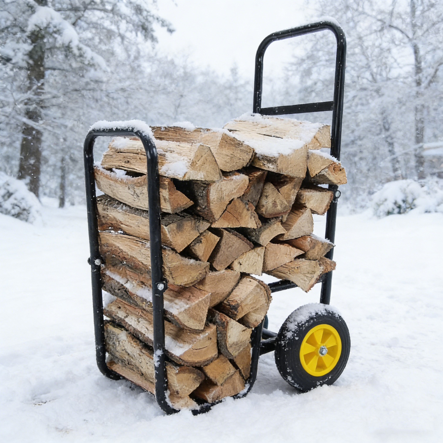 Firewood Log Cart Carrier - Outdoor or Indoor Black Steel Wood Rack Storage Mover - Rolling Wheeled Metal Dolly Hauler - Wood Moving Equipment