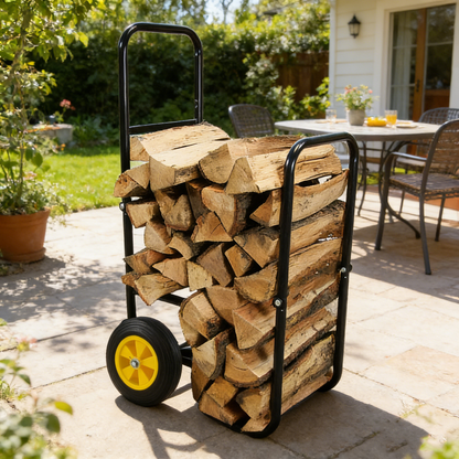 Firewood Log Cart Carrier - Outdoor or Indoor Black Steel Wood Rack Storage Mover - Rolling Wheeled Metal Dolly Hauler - Wood Moving Equipment