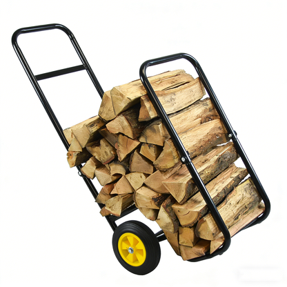 Firewood Log Cart Carrier - Outdoor or Indoor Black Steel Wood Rack Storage Mover - Rolling Wheeled Metal Dolly Hauler - Wood Moving Equipment
