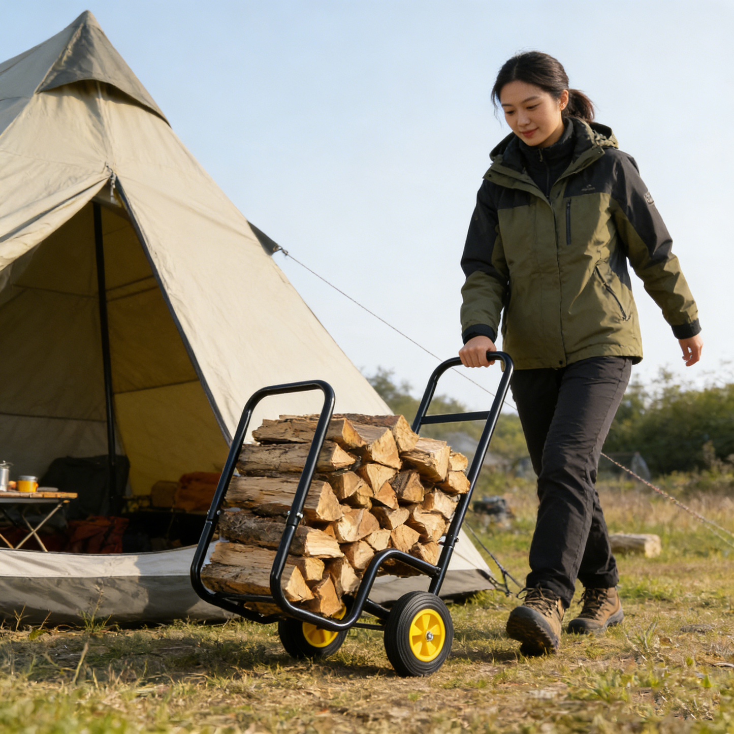 Firewood Log Cart Carrier - Outdoor or Indoor Black Steel Wood Rack Storage Mover - Rolling Wheeled Metal Dolly Hauler - Wood Moving Equipment