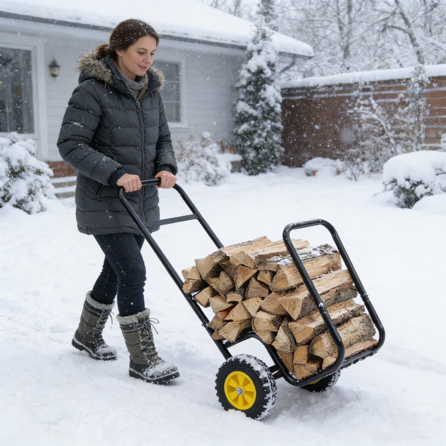 Firewood Log Cart Carrier - Outdoor or Indoor Black Steel Wood Rack Storage Mover - Rolling Wheeled Metal Dolly Hauler - Wood Moving Equipment
