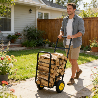 Firewood Log Cart Carrier - Outdoor or Indoor Black Steel Wood Rack Storage Mover - Rolling Wheeled Metal Dolly Hauler - Wood Moving Equipment