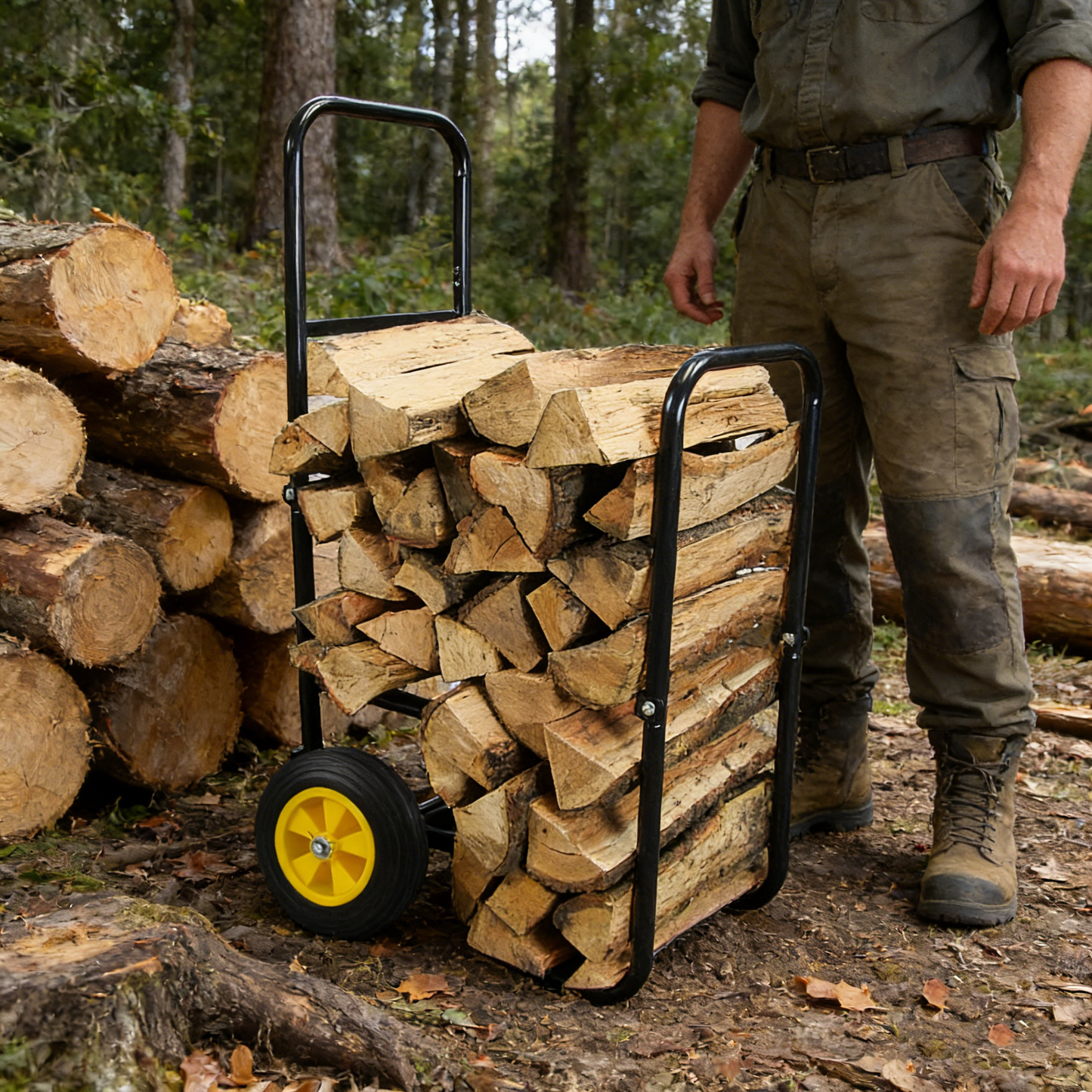 Firewood Log Cart Carrier - Outdoor or Indoor Black Steel Wood Rack Storage Mover - Rolling Wheeled Metal Dolly Hauler - Wood Moving Equipment