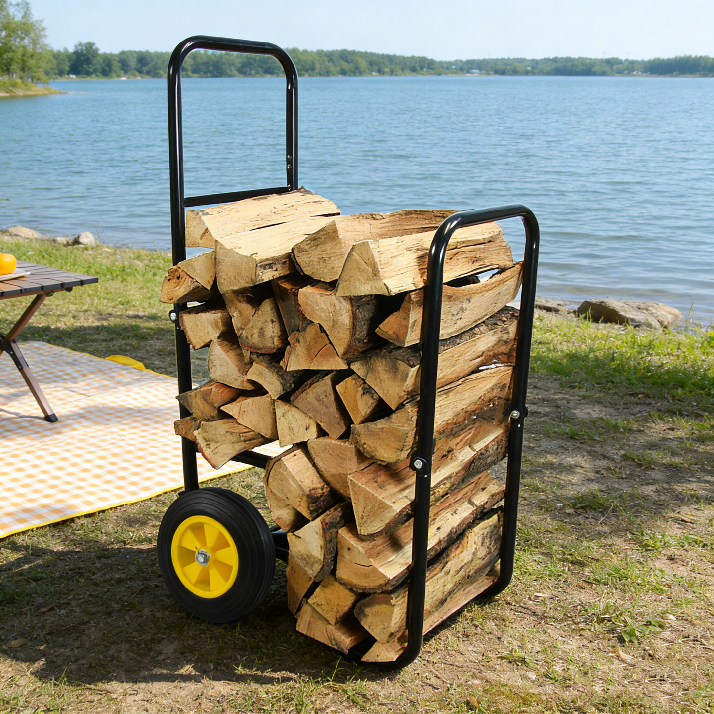 Firewood Log Cart Carrier - Outdoor or Indoor Black Steel Wood Rack Storage Mover - Rolling Wheeled Metal Dolly Hauler - Wood Moving Equipment