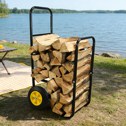 Firewood Log Cart Carrier - Outdoor or Indoor Black Steel Wood Rack Storage Mover - Rolling Wheeled Metal Dolly Hauler - Wood Moving Equipment