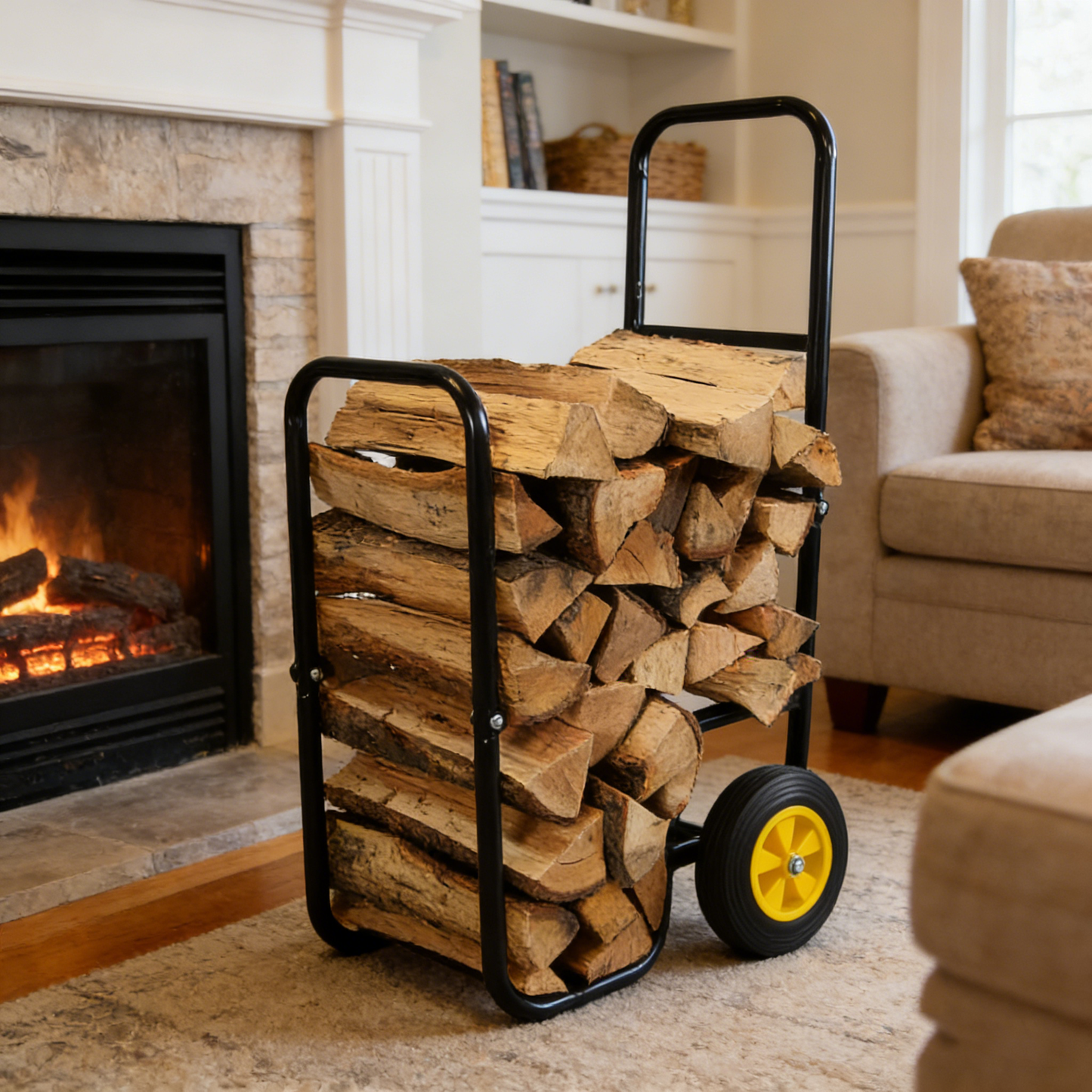 Firewood Log Cart Carrier - Outdoor or Indoor Black Steel Wood Rack Storage Mover - Rolling Wheeled Metal Dolly Hauler - Wood Moving Equipment
