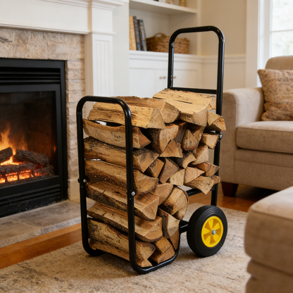 Firewood Log Cart Carrier - Outdoor or Indoor Black Steel Wood Rack Storage Mover - Rolling Wheeled Metal Dolly Hauler - Wood Moving Equipment