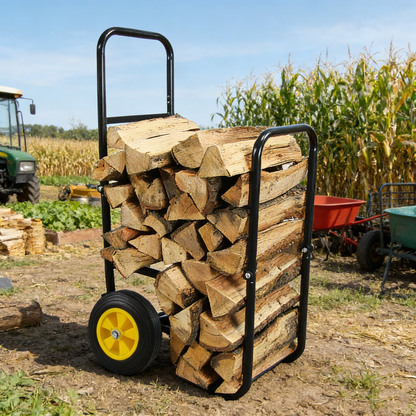Firewood Log Cart Carrier - Outdoor or Indoor Black Steel Wood Rack Storage Mover - Rolling Wheeled Metal Dolly Hauler - Wood Moving Equipment