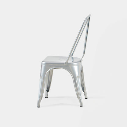 Set of 4 High Gloss Silver Industrial Metal Dining Chairs 18 Inch Seat Height Stackable Indoor Outdoor, Lightweight Easy-Clean Surface, Easy Assembly, Durable Modern Design, For Kitchen Cafe Bar