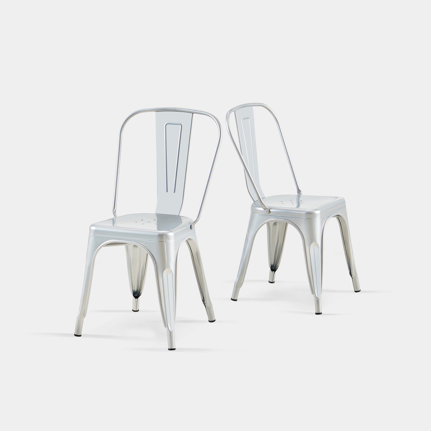 Set of 2 High Gloss Silver Industrial Metal Dining Chairs 18 Inch Seat Height Stackable Indoor Outdoor, Lightweight Easy-Clean Surface, Easy Assembly, Durable Modern Design, For Kitchen Cafe Bar