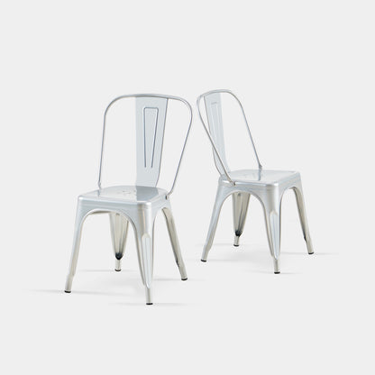 Set of 2 High Gloss Silver Industrial Metal Dining Chairs 18 Inch Seat Height Stackable Indoor Outdoor, Lightweight Easy-Clean Surface, Easy Assembly, Durable Modern Design, For Kitchen Cafe Bar