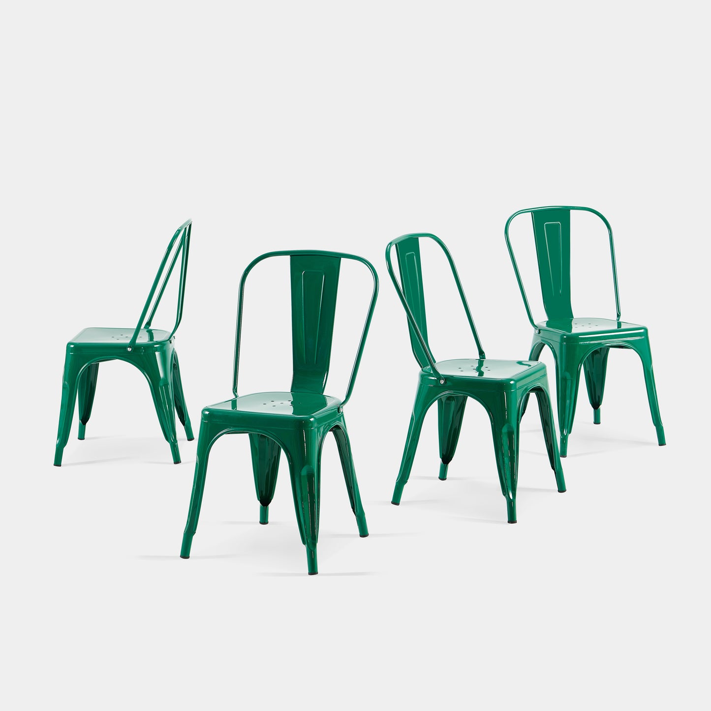 Set of 4 High Gloss Green Industrial Metal Dining Chairs 18 Inch Seat Height Stackable Indoor Outdoor, Lightweight Easy-Clean Surface, Easy Assembly, Durable Modern Design, For Kitchen Cafe Bar