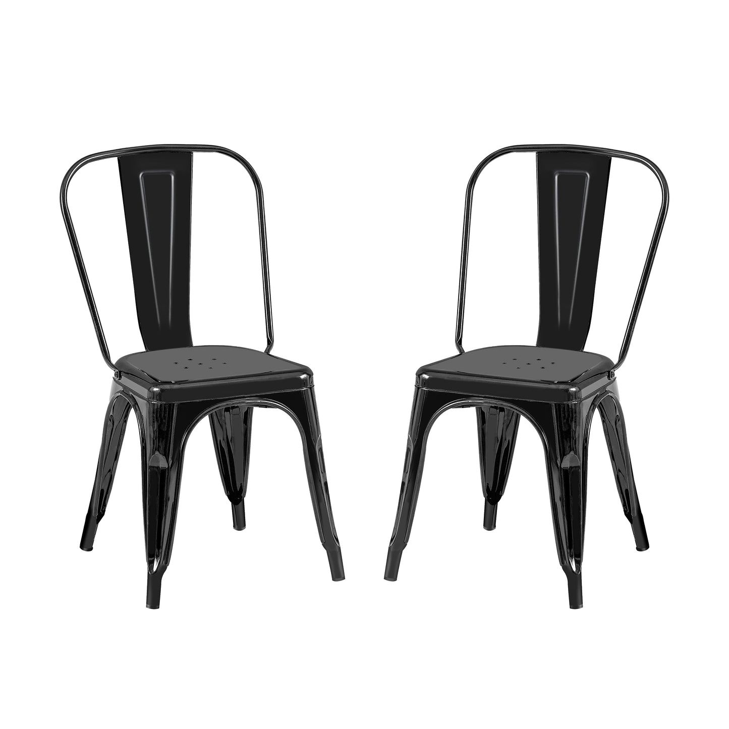 Set of 2 High Gloss Black Industrial Metal Dining Chairs 18 Inch Seat Height Stackable Indoor Outdoor, Lightweight Easy-Clean Surface, Easy Assembly, Durable Modern Design, For Kitchen Cafe Bar